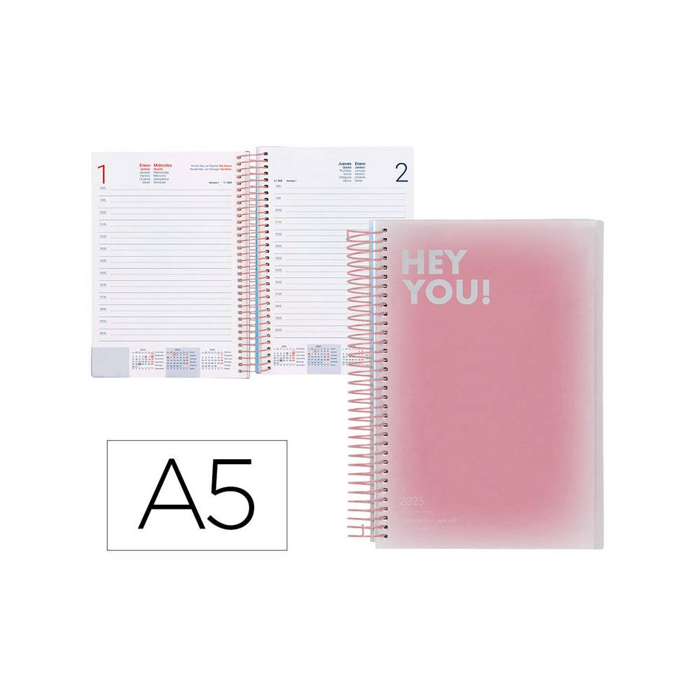 Agenda espiral liderpapel gazi a5 2025 día página color rosa papel 70 gr