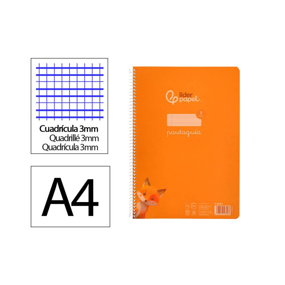 Cuaderno espiral liderpapel din a4 pautaguia tapa plastico80h 90gr cuadro pautado 3mm con margen color naranja - BE63