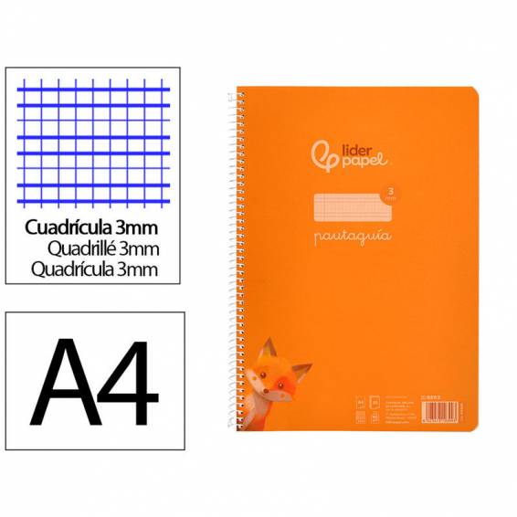 Cuaderno espiral liderpapel din a4 pautaguia tapa plastico80h 90gr cuadro pautado 3mm con margen color naranja - BE63