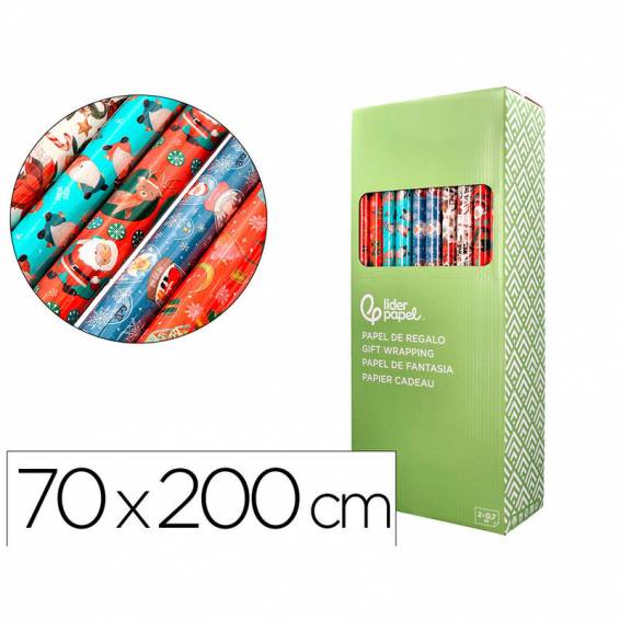 Papel de regalo liderpapel navidad rollo ancho 70 cm longitud 2 mt gramaje 60 gr diseños surtidos c-2024 - PR17