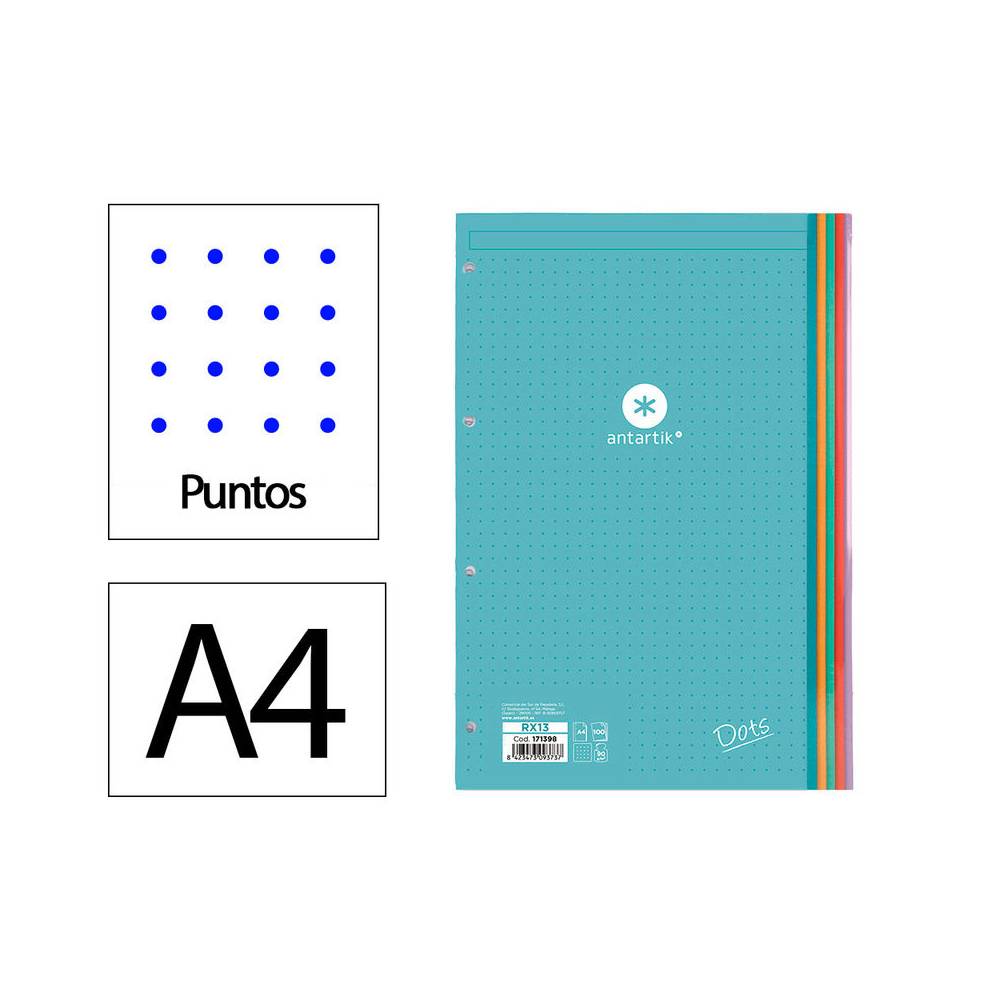 Recambio liderpapel antartik dots a4 100 hojas 90g m2 rayado puntos 4 taladros bandas de 5 colores - RX13