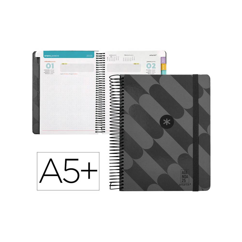 Agenda espiral antartik pattern a5+ 2025 día página color negro papel 80 gr - 