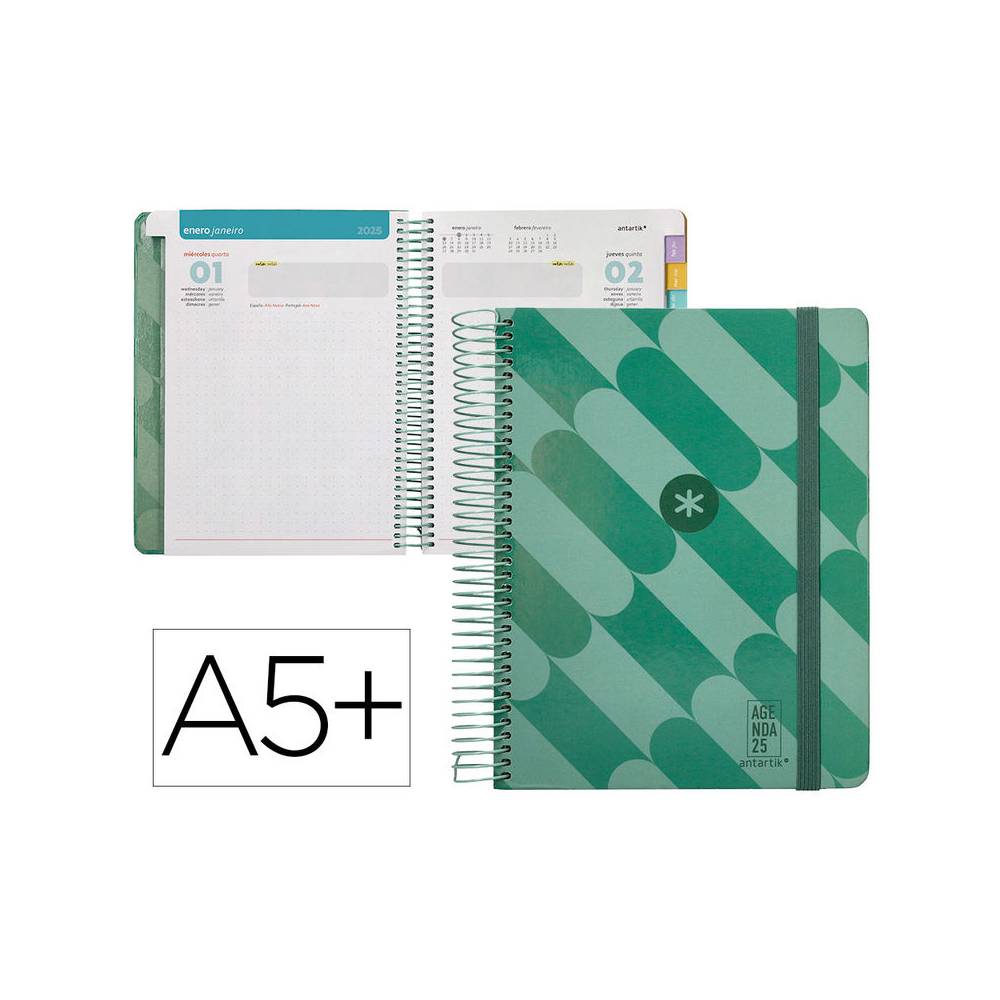 Agenda espiral antartik pattern a5+ 2025 dia pagina color verde papel 80 gr - 