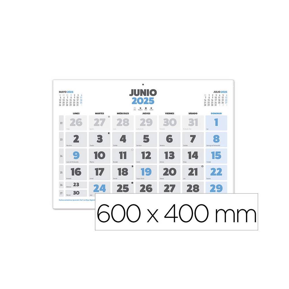 Calendario pared liderpapel clasico 2025 lomo engomado 60x40 cm papel 105 gr - 