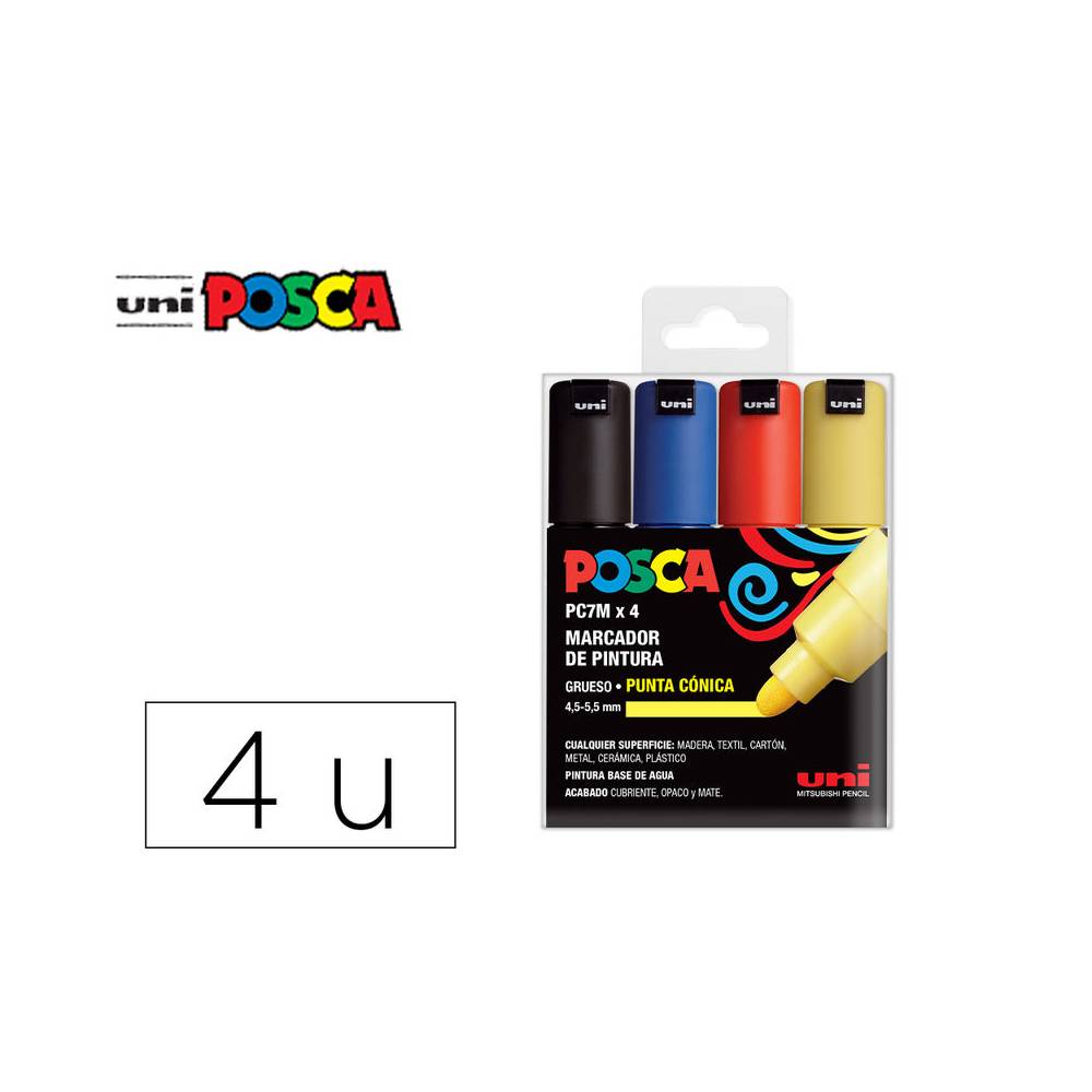 Rotulador uni posca pc-7m 4c marcador de pintura punta conica 4,5-5,5 mm estuche de 4 unidades colores basicos - 182634678