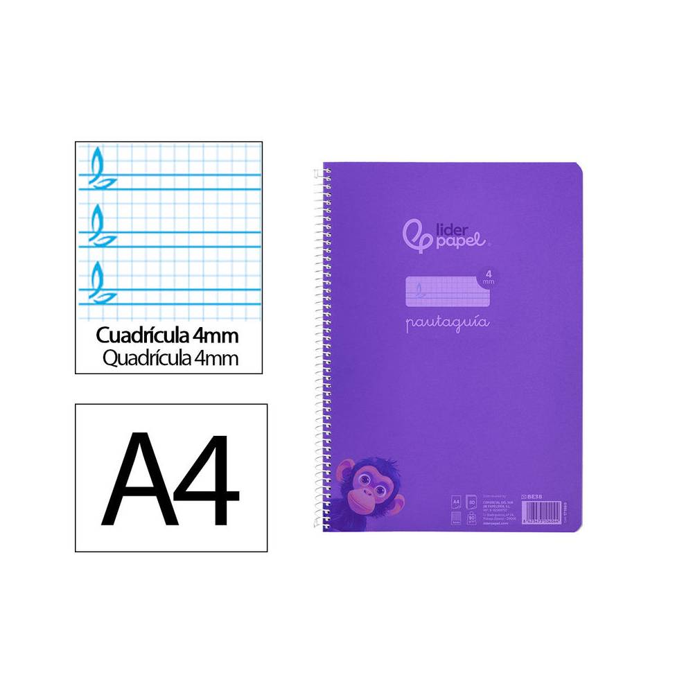 Cuaderno espiral liderpapel din a4 pautaguia tapa plastico80h 90gr cuadro pautado 4mm con margen color lila - BE38