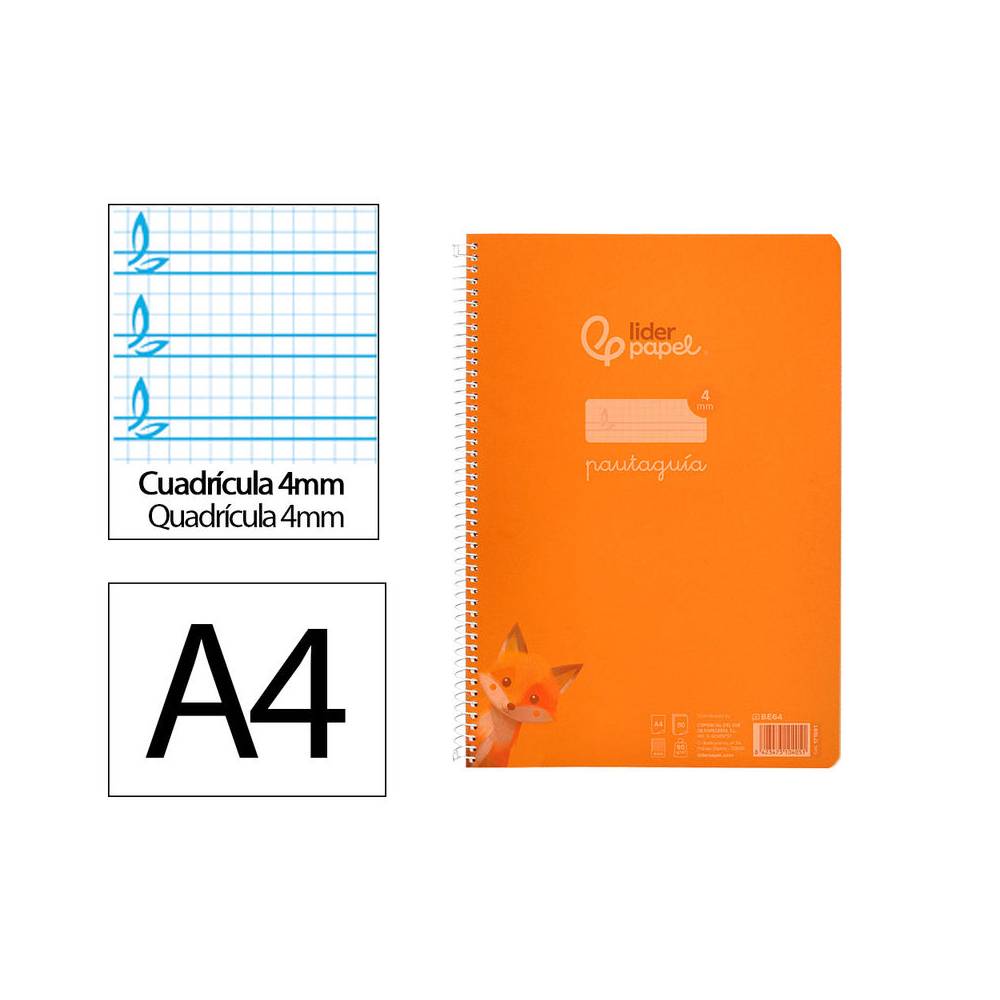 Cuaderno espiral liderpapel din a4 pautaguia tapa plastico80h 90gr cuadro pautado 4mm con margen color naranja - BE64