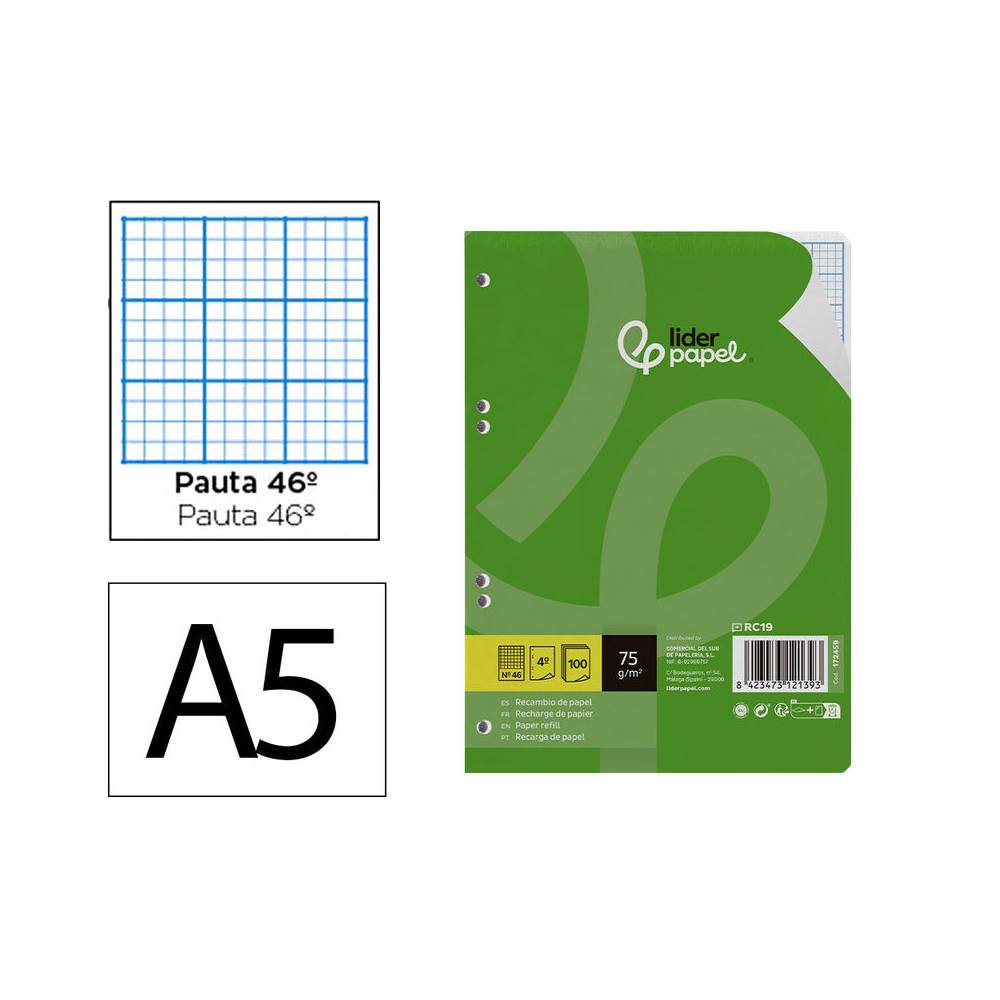 Recambio liderpapel a5 100 hojas 75g m2 rayado nº 46 6 taladros - RC19