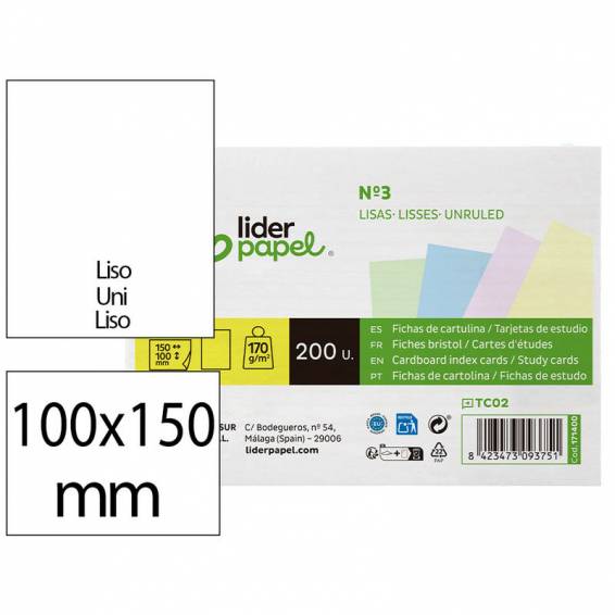 Tarjeta liderpapel para estudiar lisa cartulina de colores 170 gr m2 100x150mm paquete de 200 unidades - TC02