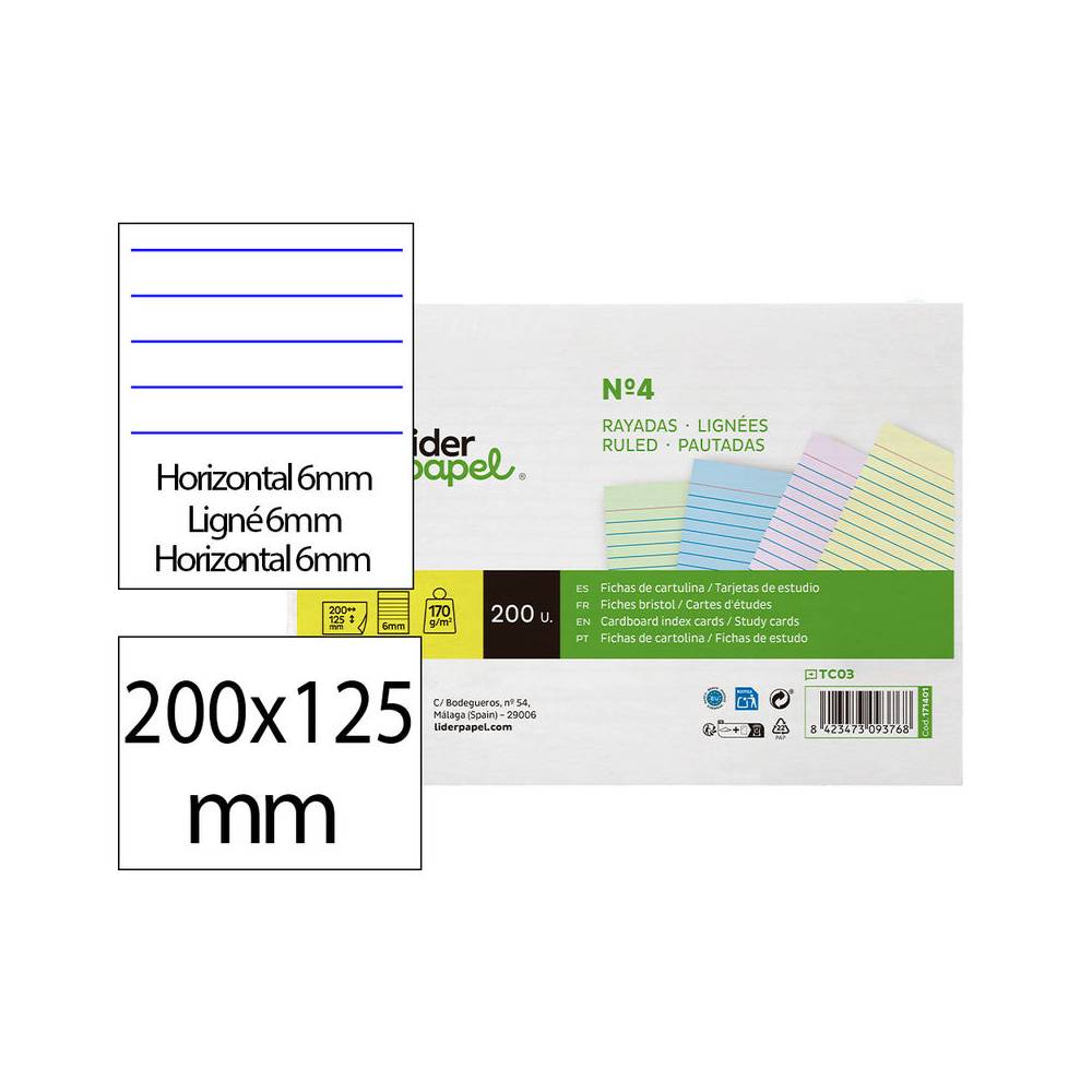 Tarjeta liderpapel para estudiar rayada cartulina de colores 170 gr m2 125x200mm paquete de 200 unidades - TC03