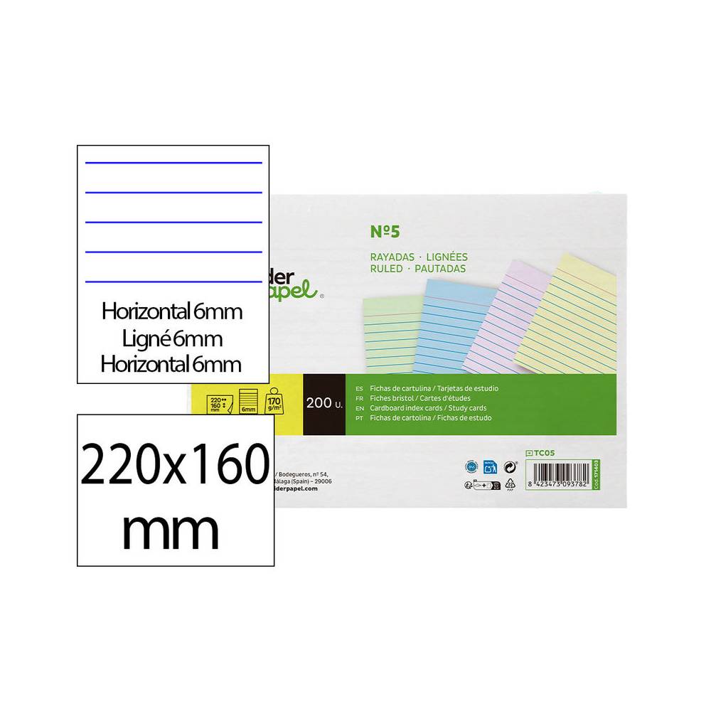 Tarjeta liderpapel para estudiar rayada cartulina de colores 170 gr m2 160x220mm paquete de 200 unidades - TC05