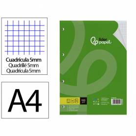 Recambio liderpapel a4 100 hojas 100g m2 cuadro 5 mm con margen 4 taladros - RA10