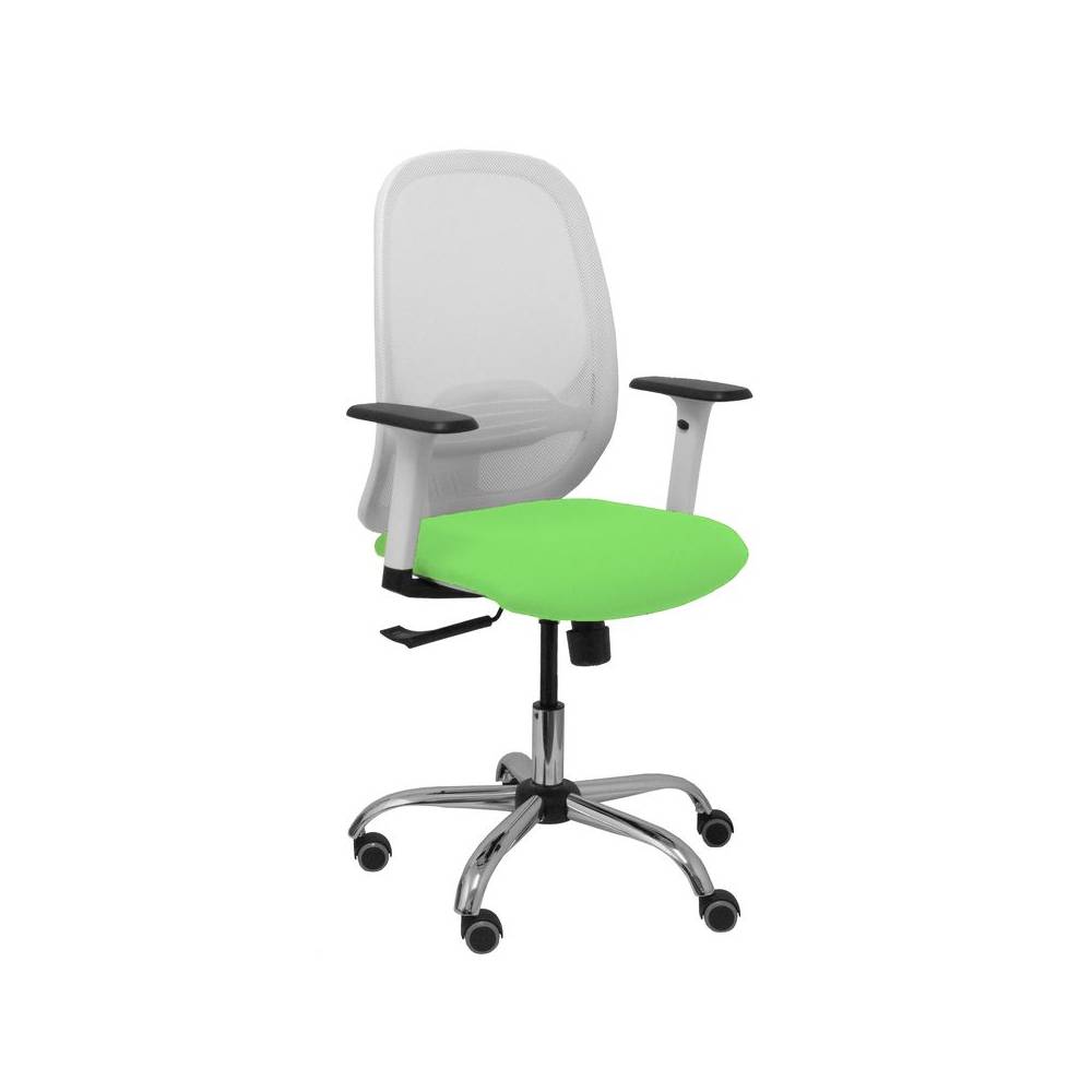 Silla Cilanco blanca malla blanca asiento bali pistacho brazo regulable base cromada ruedas de parqué