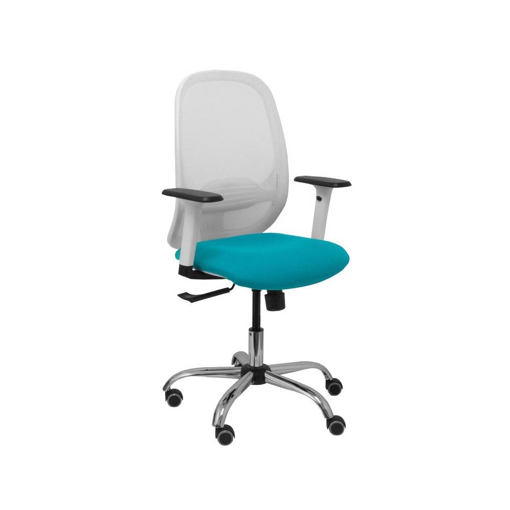 Silla Cilanco blanca malla blanca asiento bali turquesa brazo regulable base cromada ruedas parqué