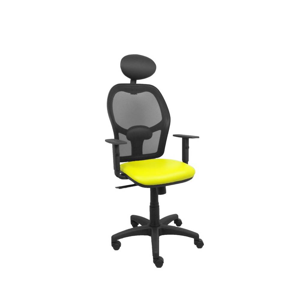 Silla Alocén malla negra asiento similpiel amarillo brazos regulables cabecero fijo