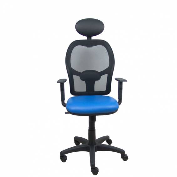 Silla Alocén malla negra asiento similpiel azul brazos regulables cabecero fijo