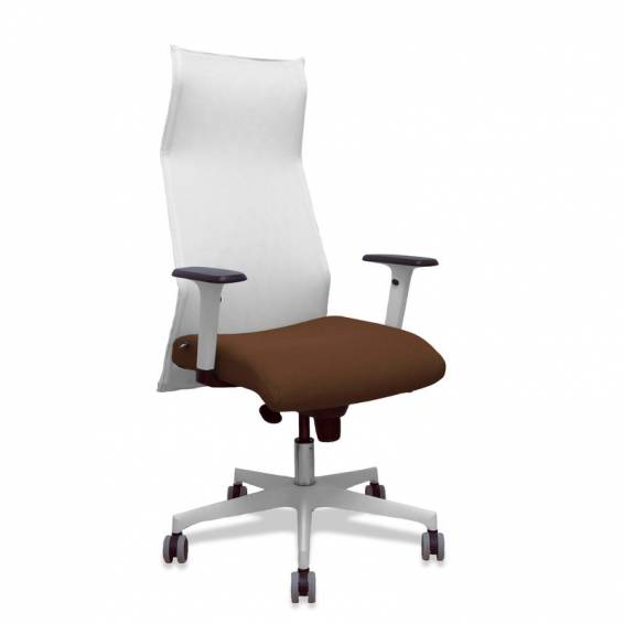 Sillón Sahúco blanco bali marrón oscuro brazos blancos base blanca ruedas parqué 65mm