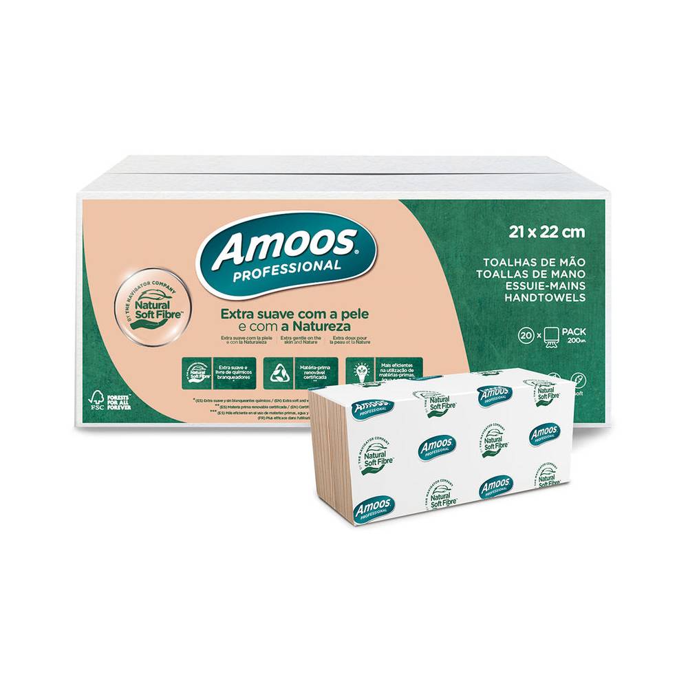 Toalla secamanos amoos professional naturally soft 2 capas pasta cruda 21x220 cm paquete de 200 unidades - N662242
