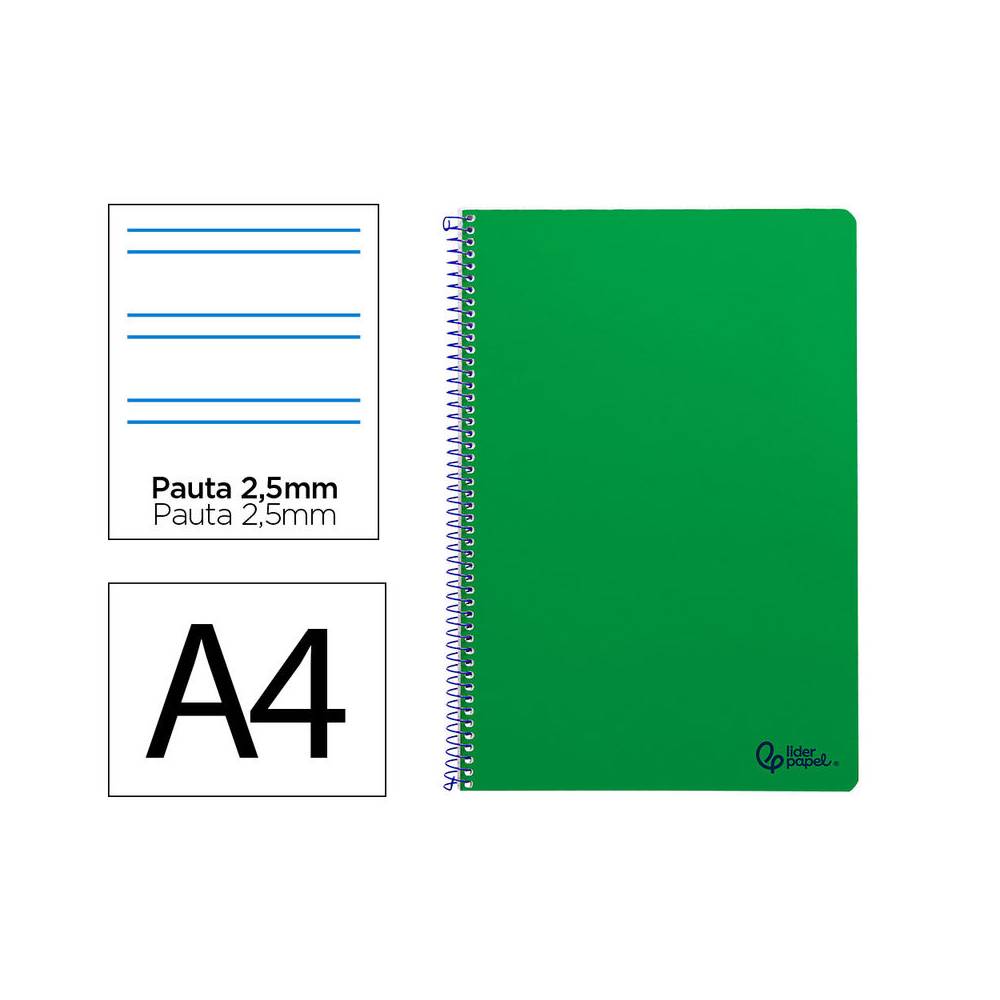 Cuaderno espiral liderpapel din a4 smart tapa blanda 80h 75gr pauta 3,5mm con margen color verde - BF165