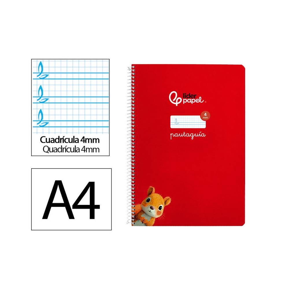 Cuaderno espiral liderpapel di n a4 pautaguia tapa blanda 80h 75 gr cuadro pautado 4mm color rojo - BF116