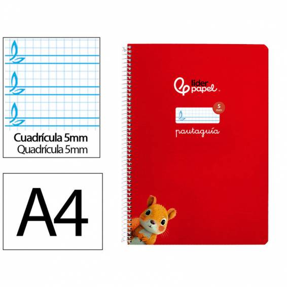 Cuaderno espiral liderpapel di n a4 pautaguia tapa blanda 80h 75 gr cuadro pautado 5mm color rojo - BF122