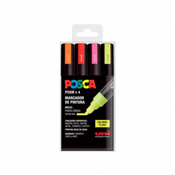 Rotulador uni posca pc-5m 4c marcador de pintura punta conica 1,8-2,5 mm bolsa de 4 unidades colores fluorescente - 182634682