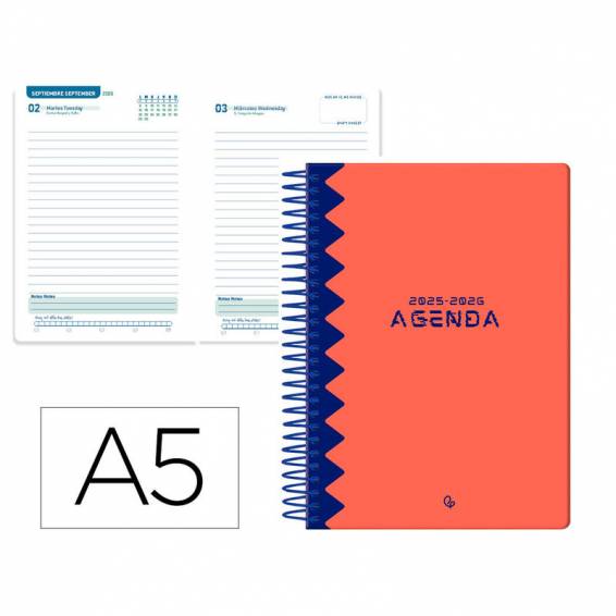 Agenda escolar liderpapel 25-26 espiral classic rojo dia pagina a5 bilingüe papel fsc 70 gr - LP567