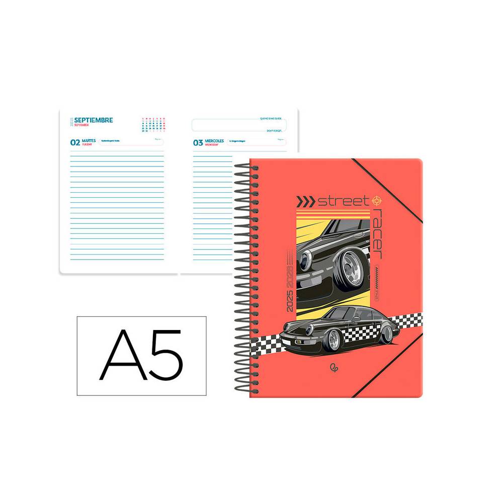 Agenda escolar liderpapel 25-26 espiral cars negro dia pagina a5 bilingüe papel fsc 80 gr - LP597