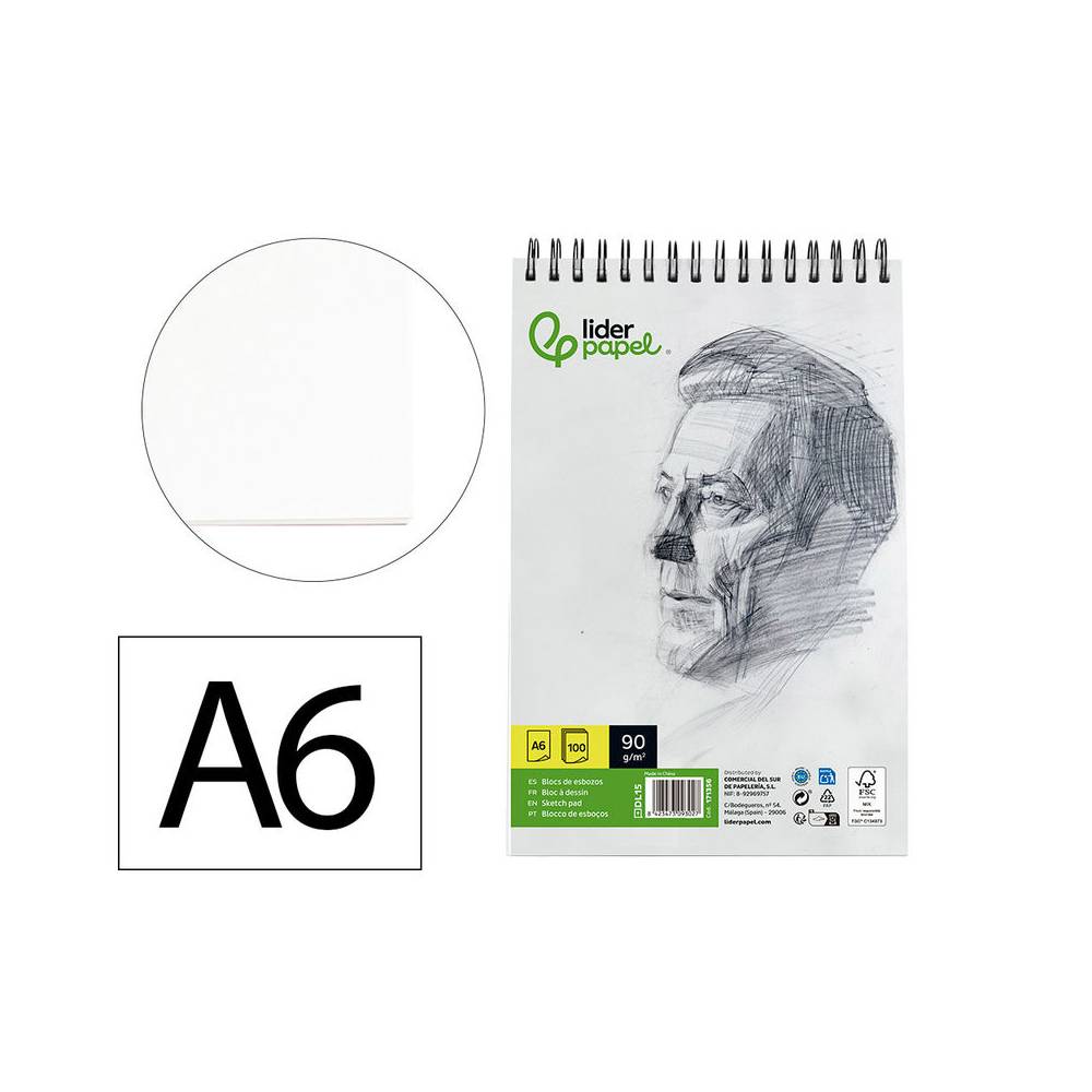 Bloc dibujo liderpapel esbozos espiral din a6 105x148mm 100 hojas 90gr m2 sin recuadro - DL15