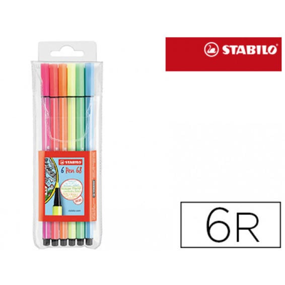 Rotulador stabilo acuarelable pen 68 metalico 1 mm estuche de 6 unidades colores surtidos