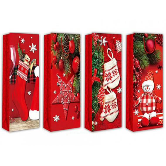 Bolsa botellero arguval navidad glitter 3d rojo estrella caballito guantes y muñeca 37x13x12 cm