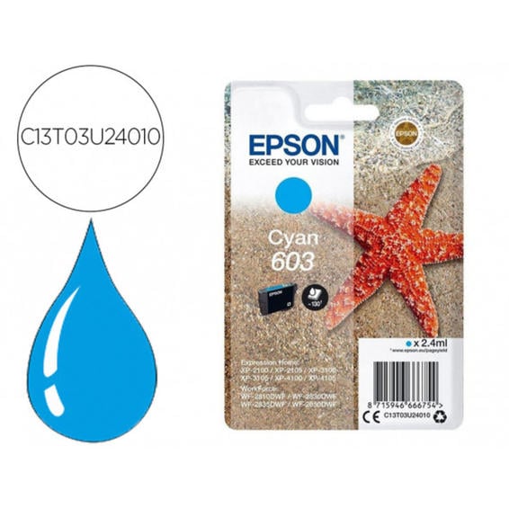 Ink-jet epson 603 xp-2100 / 2105 / 3100 / 4100 / wf-2810 / 2830 / 2835 / 2850 cian 130 paginas