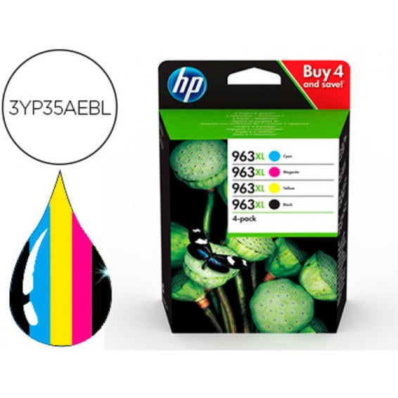 Ink-jet hp 963 xl officejet pro 9010 / 9020 / 9022 / 9023 / 9025 pack color amarillo magenta cian y negro 2.000 pag