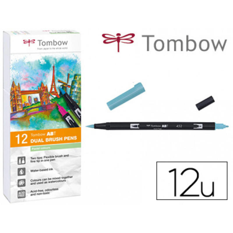 Rotulador tombow acuarelable doble punta pincel colores pastel estuche de 12 unidades colores surtidos