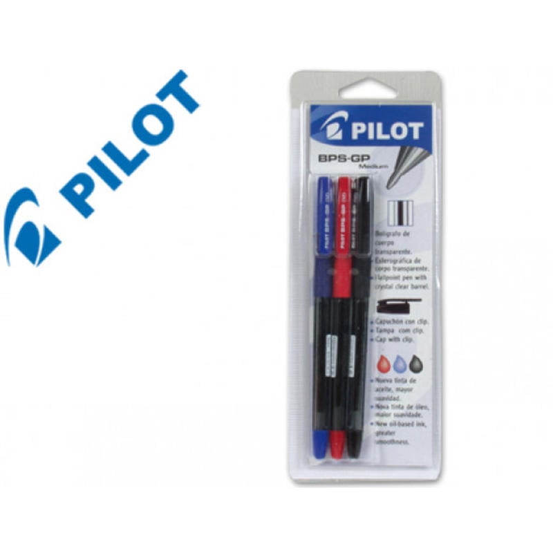 Boligrafo pilot bps-gp azul -sujecion de caucho tinta basede aceite con capuchon -blister de 3 surtidos