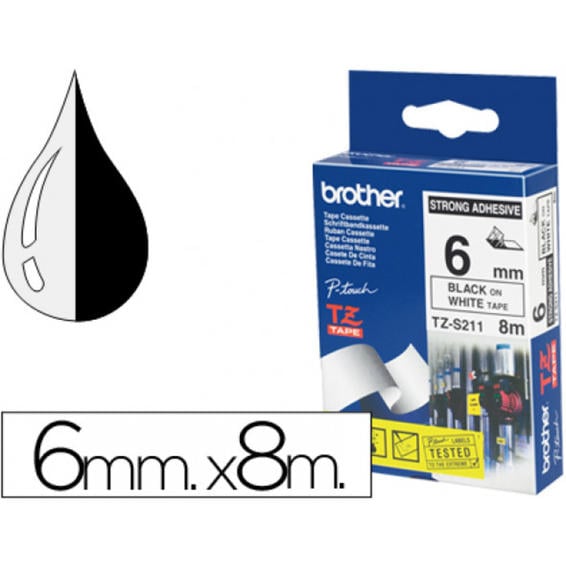 Cinta brother tzes211 blanco-negro 6mm longitud 8 mt superadhesiva