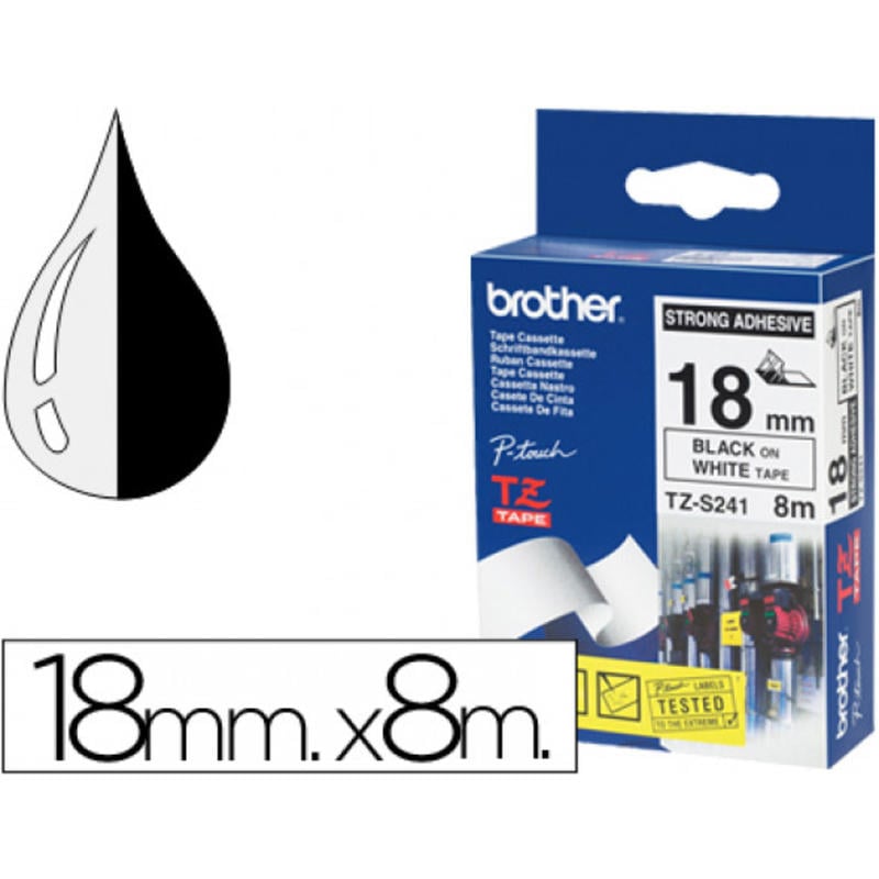 Cinta brother tzes241 blanco-negro 18mm longitud 8 mt superadhesiva