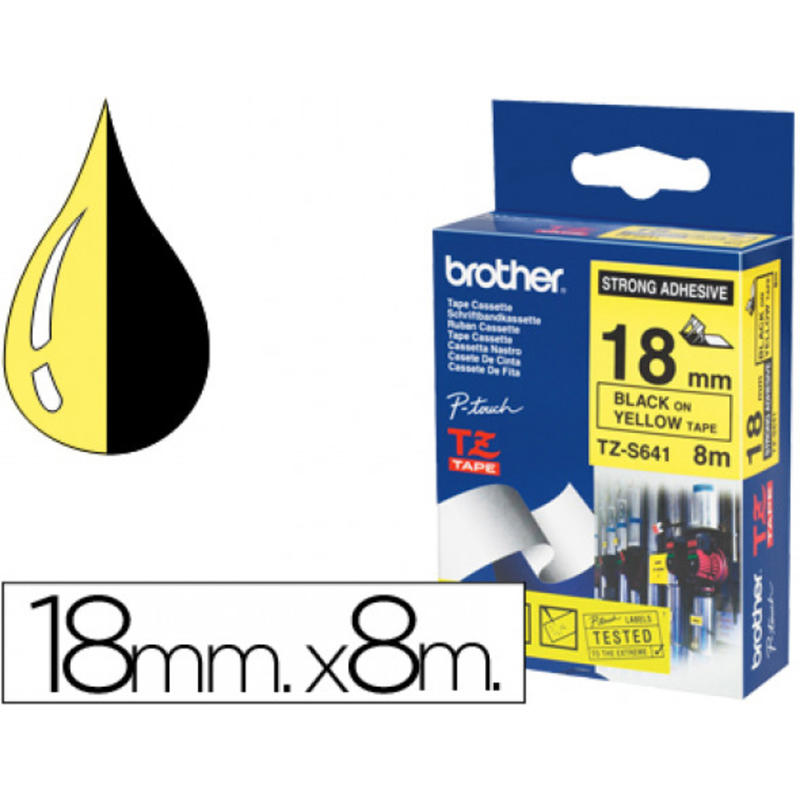 Cinta brother tzes641 amarillo-negro 18mm longitud 8 mt superadhesiva