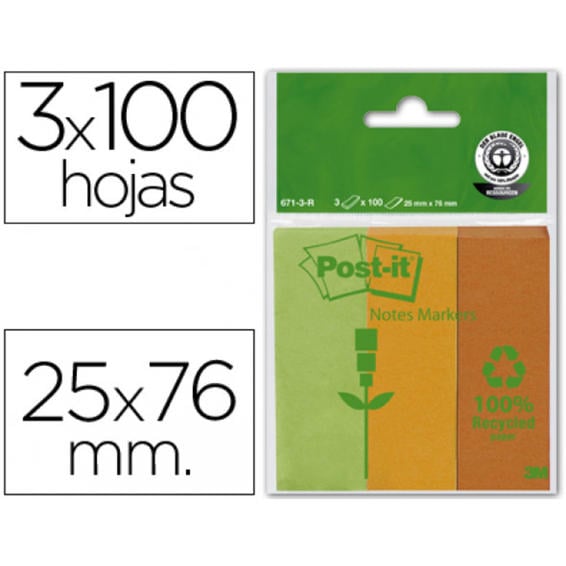 Bloc de notas adhesivas quita y pon recicladas post-it 25x76mm verde-naranja- mandarina