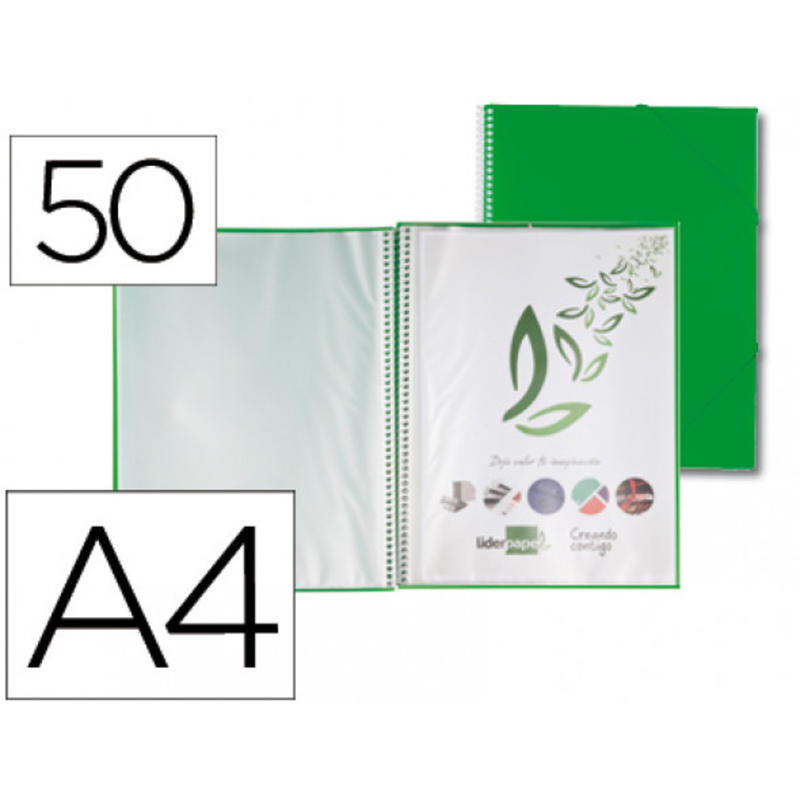 Carpeta liderpapel escaparate con espiral 50 fundas polipropileno din a4 verde