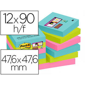 Bloc de notas adhesivas quita y pon post-it super sticky 47,6x47,6 mm con 90 hojas pack de 12 unidades colores