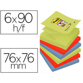 Bloc de notas adhesivas quita y pon post-it super sticky 76x76 mm con 90 hojas z-notes pack de 6 unidades colores