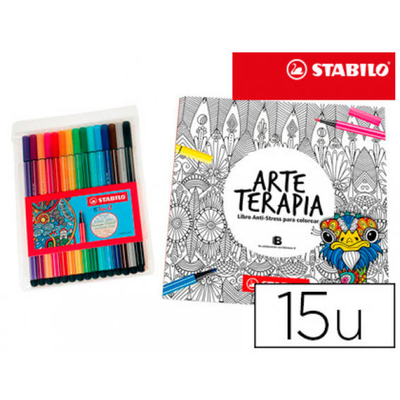 Rotulador stabilo punta de fibra pen 68 arte terapia estuche de 15 unidades colores surtidos + libro