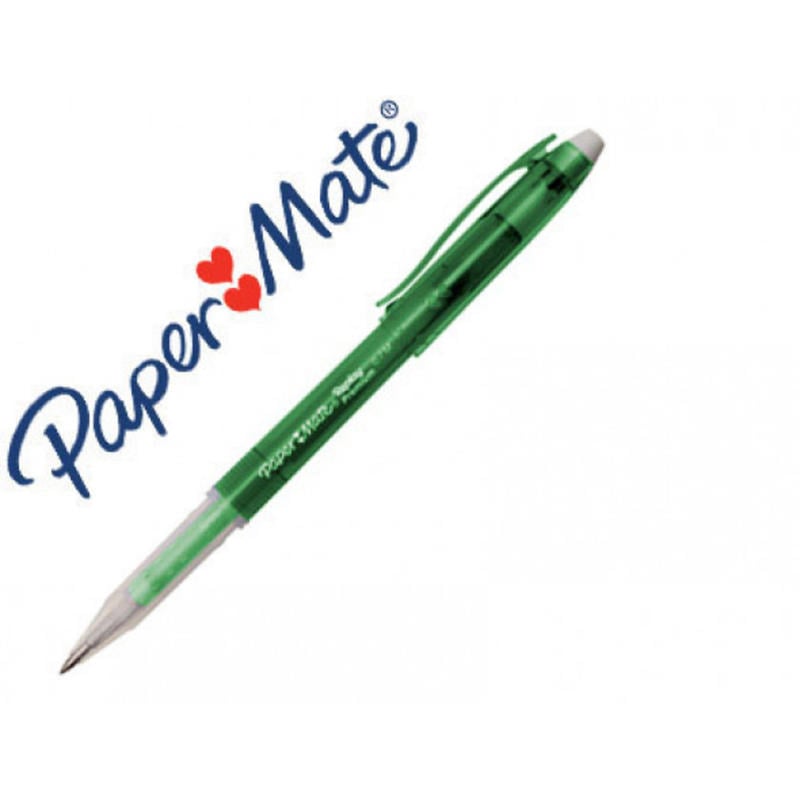 Boligrafo paper mate erasable gel verde con goma de borrar