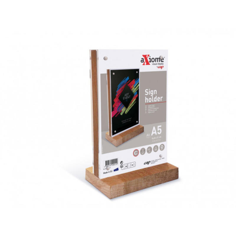Expositor sobremesa cep magnetico con forma de t din a5 cristal y base de madera 222x150x80 mm