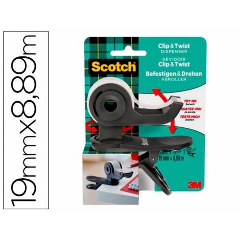 Portarrollo sobremesa scotch clip & twist color gris 19 mm x 8,89 mt incluye rollo de cinta magic