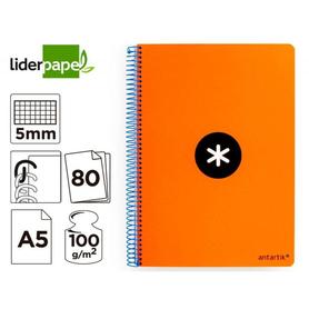 Cuaderno espiral liderpapel a5 antartik tapa dura 80h 100 gr cuadro 5mm con margen color naranja