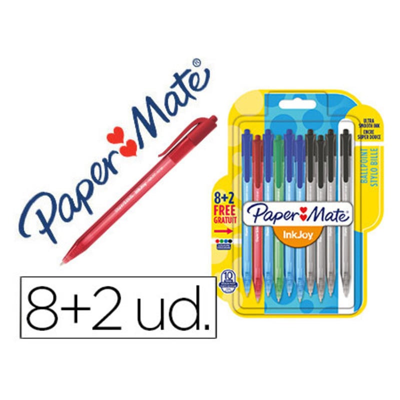 Boligrafo paper mate inkjoy 100 retractil punta media trazo 1 mm pack 8 + 2 unidades colores surtidos