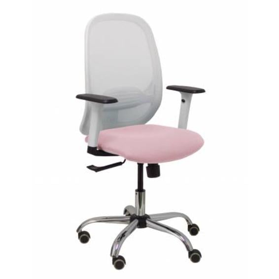 Silla Cilanco blanca malla blanca asiento bali rosa brazo regulable base cromada ruedas de parqué