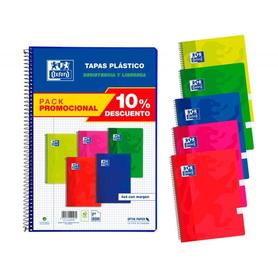 Cuaderno espiral oxford tapa plastico folio 80 hojas cuadro 4 mm pack 5 unidades colores vivos